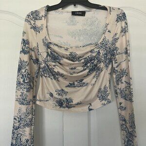 CIDER - Toile de Jouy Square Neck Ruched Long Sleeve Top